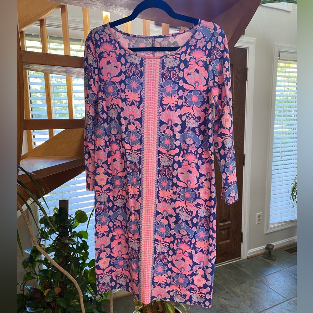 Lilly Pulitzer Floral Dress Marlowe Boatneck T-Shirt 3/4 Sleeve Blue Pink
